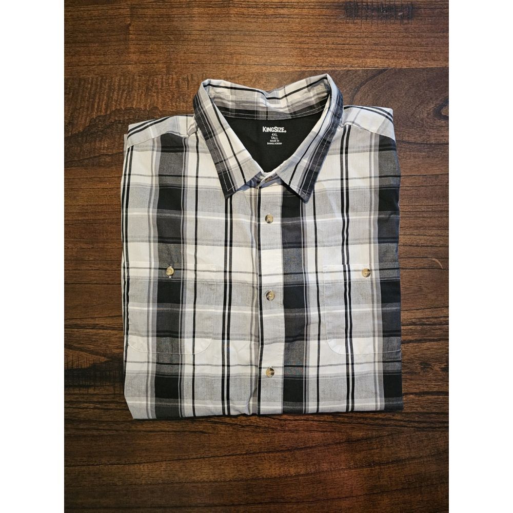 4XLT Kingsize BIG Mens Plaid Button Up Short Sleeve Shirt Black Gray